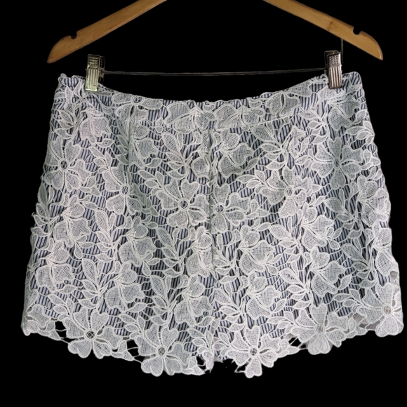Adiva Blue/White Striped Shorts With Lace Overlay , L , EUC